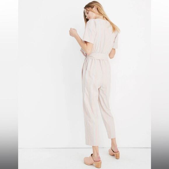 Madewell Striped Puff Sleeve Tapered Linen Jumpsuit Blue Horizon Marant Stripe - Picture 4 of 10